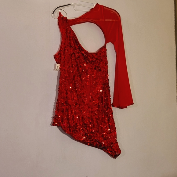 COSTUME striking red sparkly dress, one sleeve, circle connector accent, NWT - Picture 1 of 6